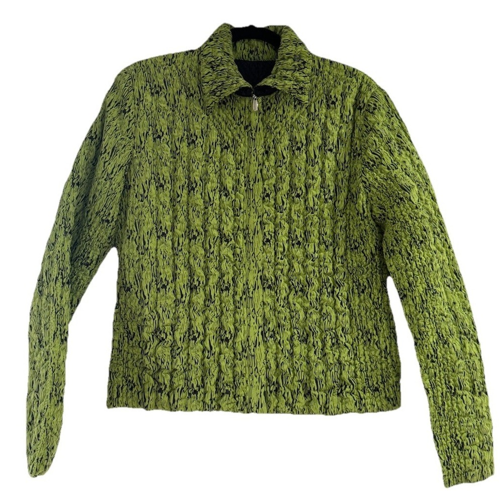 Ubu Jacket Womens Medium Green Black Reversible Quilt Puckered Boho Art Travel